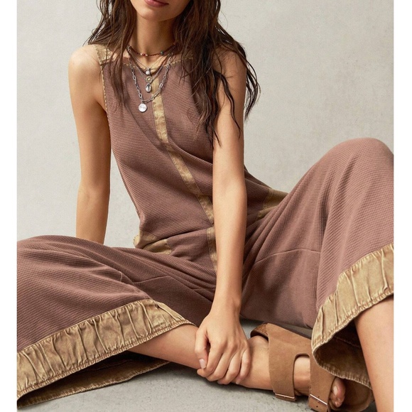 Boho Color Block Tie Back Wide Leg Pockets Jumpsuit - Picture 1 of 6